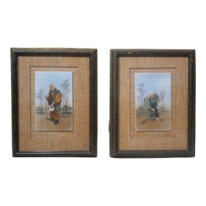 Pair of Vintage Mid 20th Century Japanese After Saito Hodo Elderly Man and Woman Framed Painted Porcelain Plaques (Showa Period)
