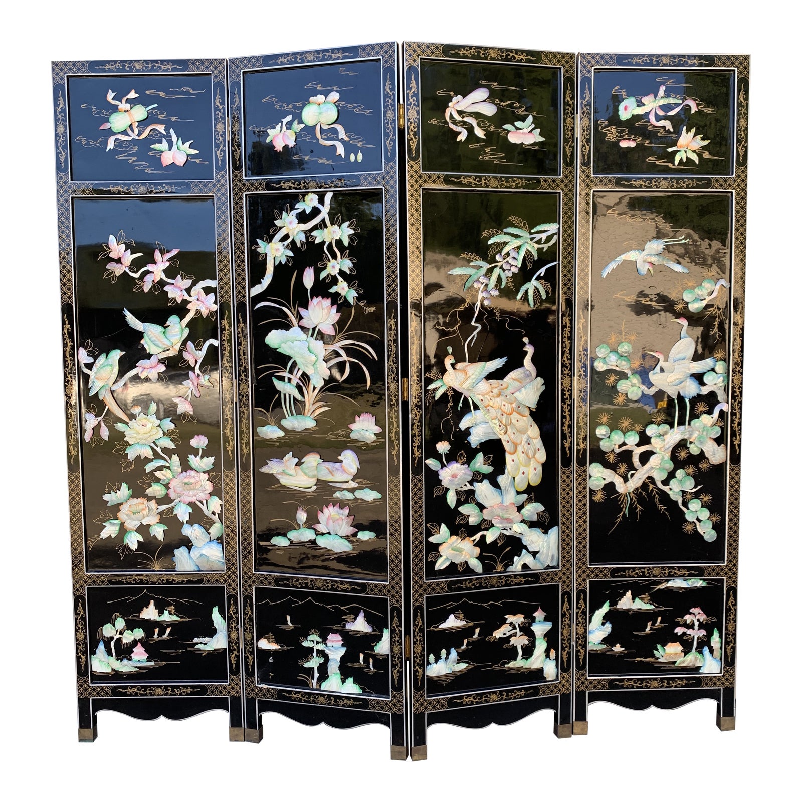 Chinese Asian MidCentury 4 Panel Black Lacquer Room Divider Chairish