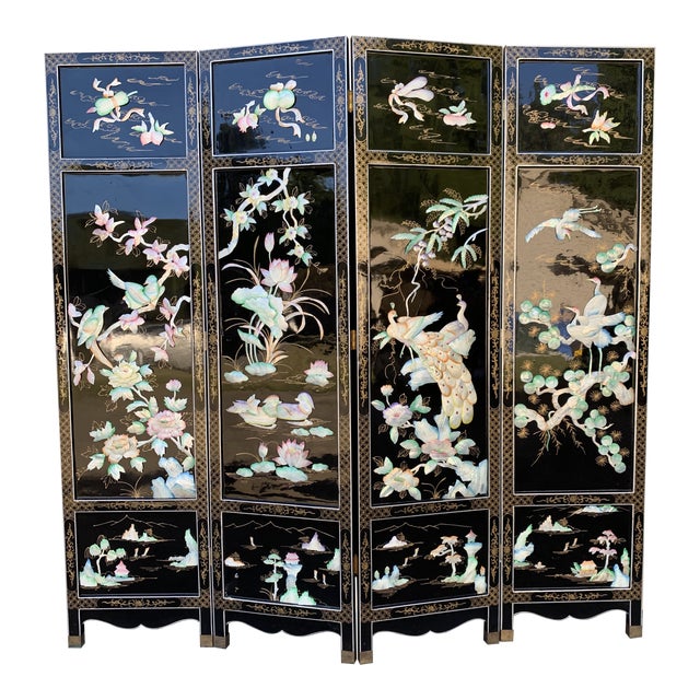 Chinese Asian MidCentury 4 Panel Black Lacquer Room Divider Chairish
