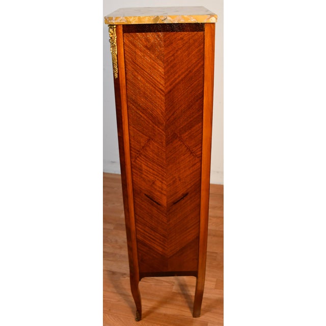 1920s Antique French Louis XV Walnut Satinwood Inlay & Marble Top Lingerie Stand For Sale - Image 17 of 18
