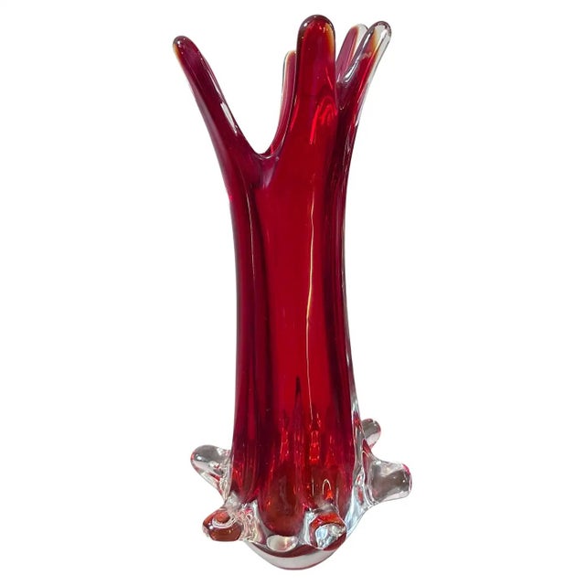 1980s Modernist Red Sommerso Murano Glass Tall Vase by Seguso For Sale - Image 10 of 10