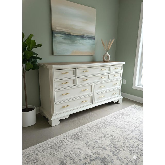 Bassett Furniture Vintage Bassett Custom Refinished 12 Drawer Dresser With Natural Wood Top For Sale - Image 4 of 5