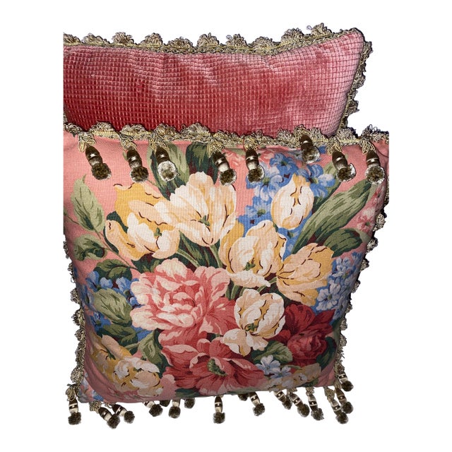 Vintage Floral Throw Pillow Cushions With Trim and Tassels For Sale