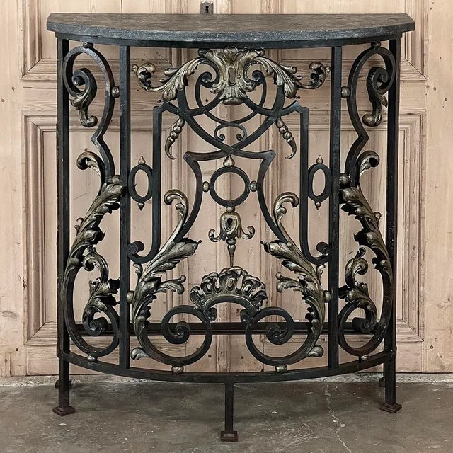 19th Century French Louis XIV Wrought Iron Demilune Console With Black Marble For Sale - Image 13 of 13