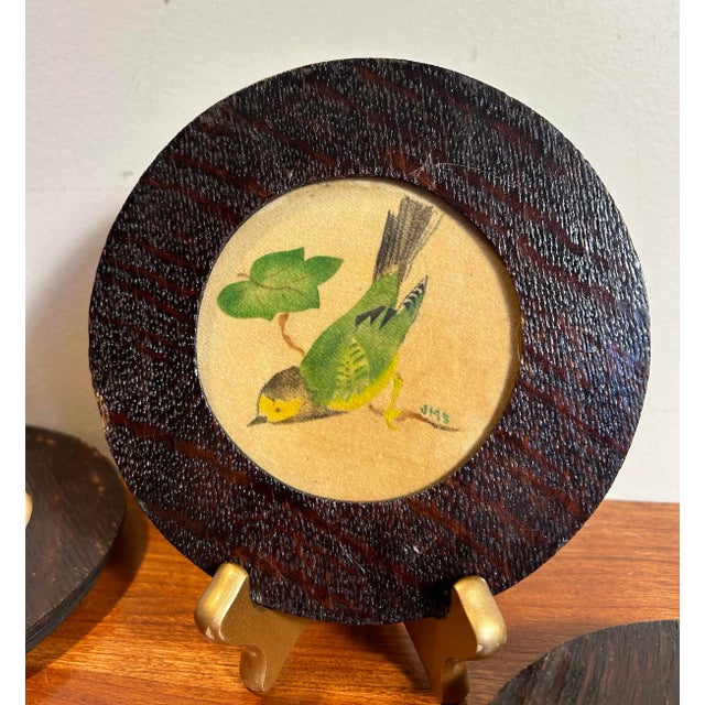 Antique Set of Three Small Theorum Paintings of Birds in Wood Frames For Sale - Image 9 of 11