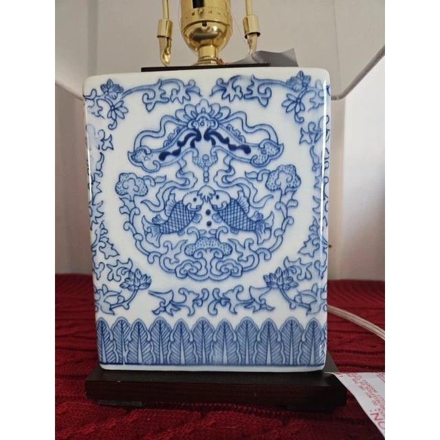 Wood Vintage Lauren Ralph Lauren White and Blue Koi Fish Small Porcelain Table Lamp With Shade For Sale - Image 7 of 7