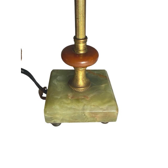 Art Deco Early 20th Century Art Deco Green Onyx Brass Table Lamp Floral Glass Shade Bakelite Accent Untested For Sale - Image 3 of 11
