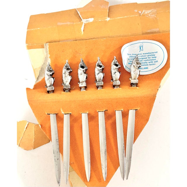 Vintage Silverplate Animal Cocktail Picks – Set of 6 Figural Barware Skewers, Mid Century Entertaining, Holland With Original Box For Sale - Image 9 of 10
