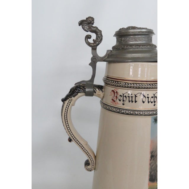 Early 20th Century Marzi and Remy Tall Extra Large Ceramic Pewter Lidded Beer Stein For Sale - Image 4 of 16