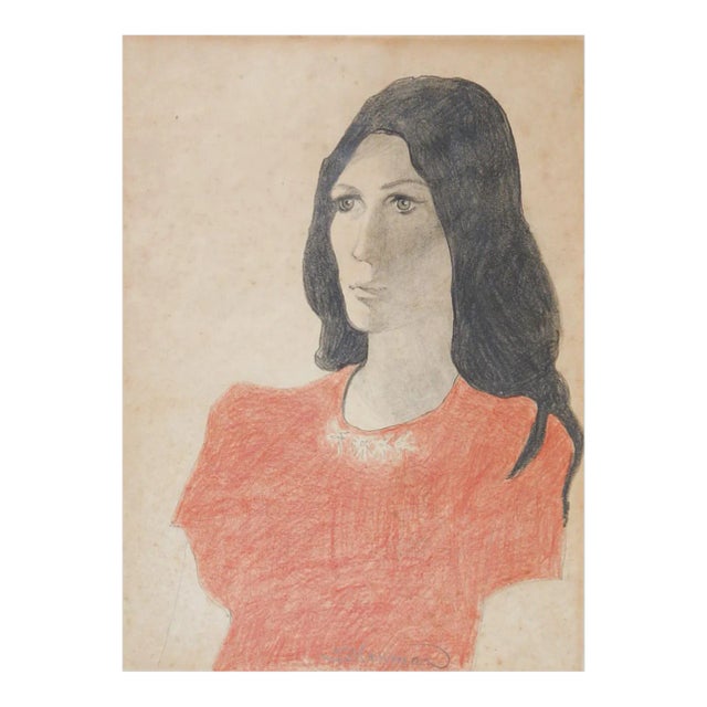 Mid 20th Century Color Portrait of Young Woman Drawing For Sale