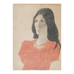 Mid 20th Century Color Portrait of Young Woman Drawing