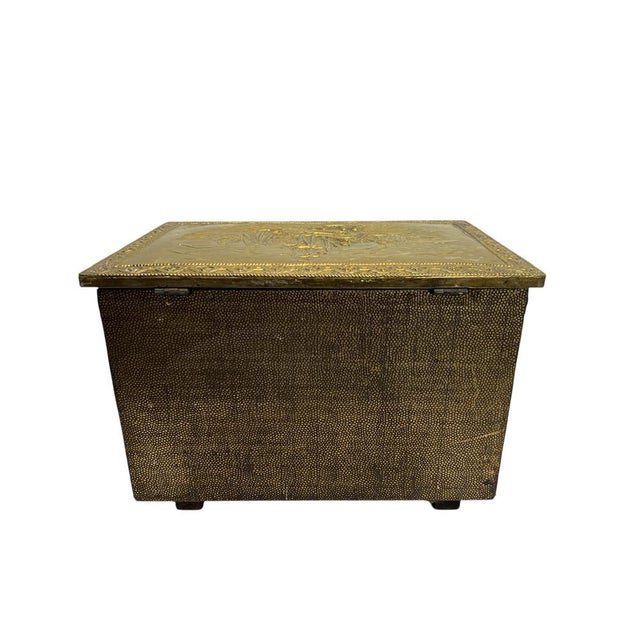 Gold Ornate Embossed Brass Log Box with Ships Scène, 1920s For Sale - Image 8 of 13