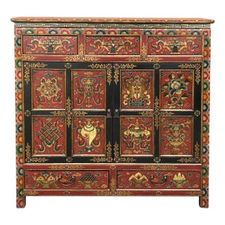 Tibetan Style 8 Auspicious Symbols Graphic Credenza Storage Cabinet For Sale