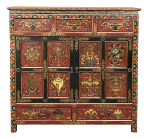 Tibetan Style 8 Auspicious Symbols Graphic Credenza Storage Cabinet