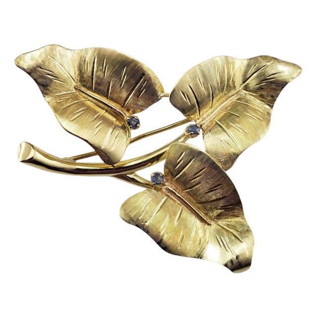 Mid 20th Century Tiffany & Co. 18 Karat Yellow Gold and Sapphire Leaf Brooch/Pin For Sale
