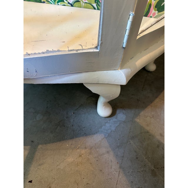 Vintage White Wooden Short Light Up Glass Display Cabinet With Tropical Wallpaper Background For Sale - Image 11 of 11