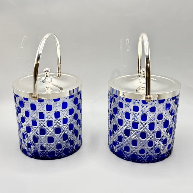 Mid-Century Modern Mid-Century Modern Art Glass Jars with Blue Cut in Clear Crystal Biscuit Barrels with Silver-Plated Mounts, 1950s, Set of 2 For Sale - Image 3 of 18