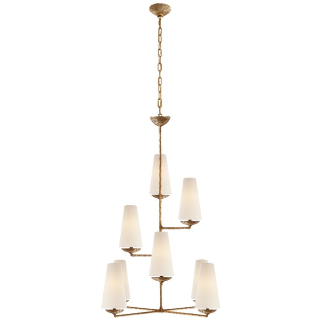 Fontaine Vertical Chandelier in Gilded Plaster with Linen Shades Designer: AERIN Canopy: 5" Round Mounting: Chain Shade...