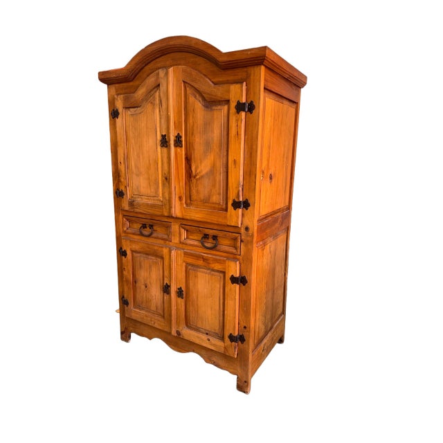 French Country 1980s Rustic Solid Pine Storage Armoire With Wrought Iron Accents, Mexico For Sale - Image 3 of 13