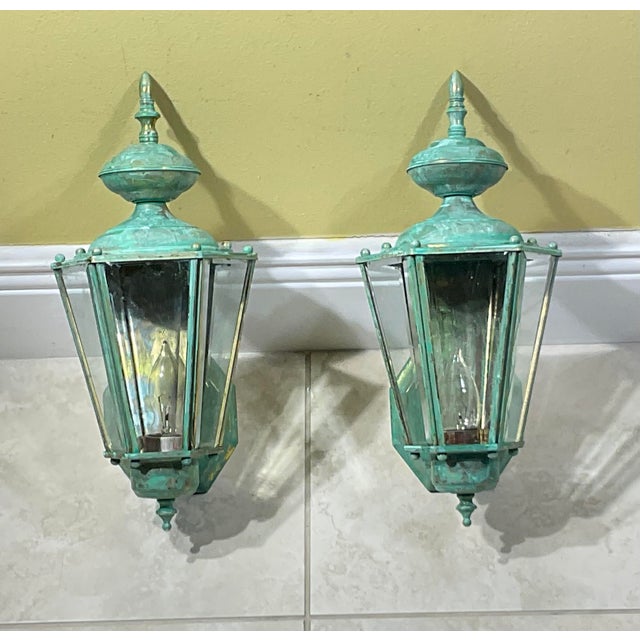 : Pair of Vintage Solid Brass Outdoor Wall Lanterns / 16” High For Sale - Image 11 of 15