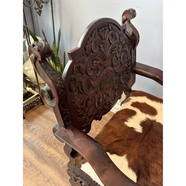 Early 20th Century Antique Renaissance Revival Carved Walnut Throne Chair, Cowhide Seat For Sale - Image 5 of 17