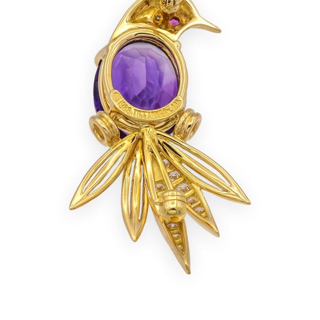 Tiffany and Co. Tiffany & Co 18k Yellow Gold Amethyst Diamond Ruby Bird of Paradise Brooch 1988 For Sale - Image 4 of 6
