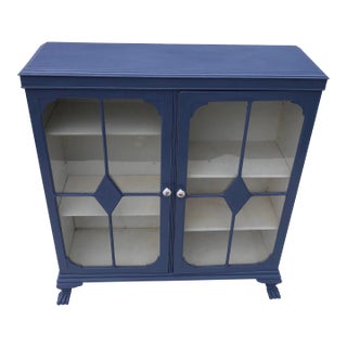 1970s Vintage Mahogany Glass Cabinet Newly Painted in Serenity Blue For Sale