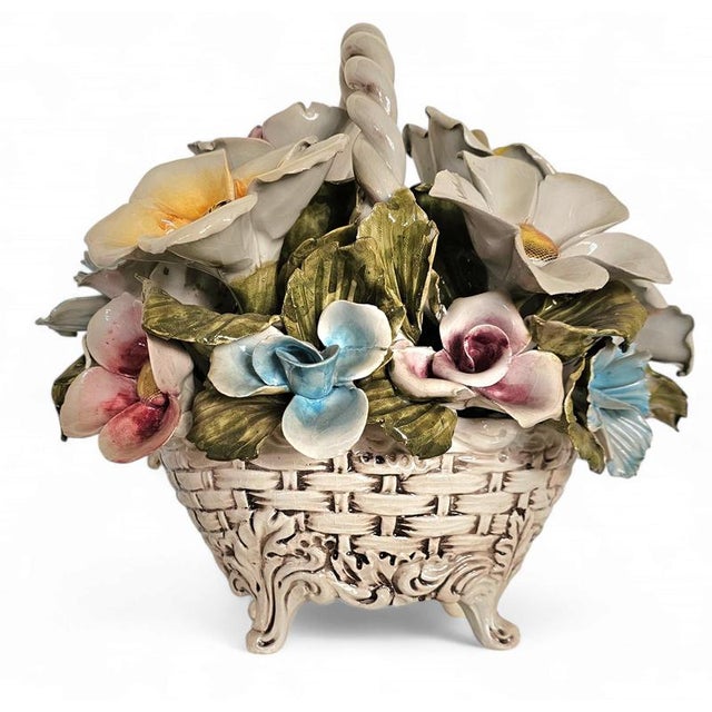 Bassano Ceramic Basket with Flowers, Italy, 1950s For Sale - Image 3 of 18