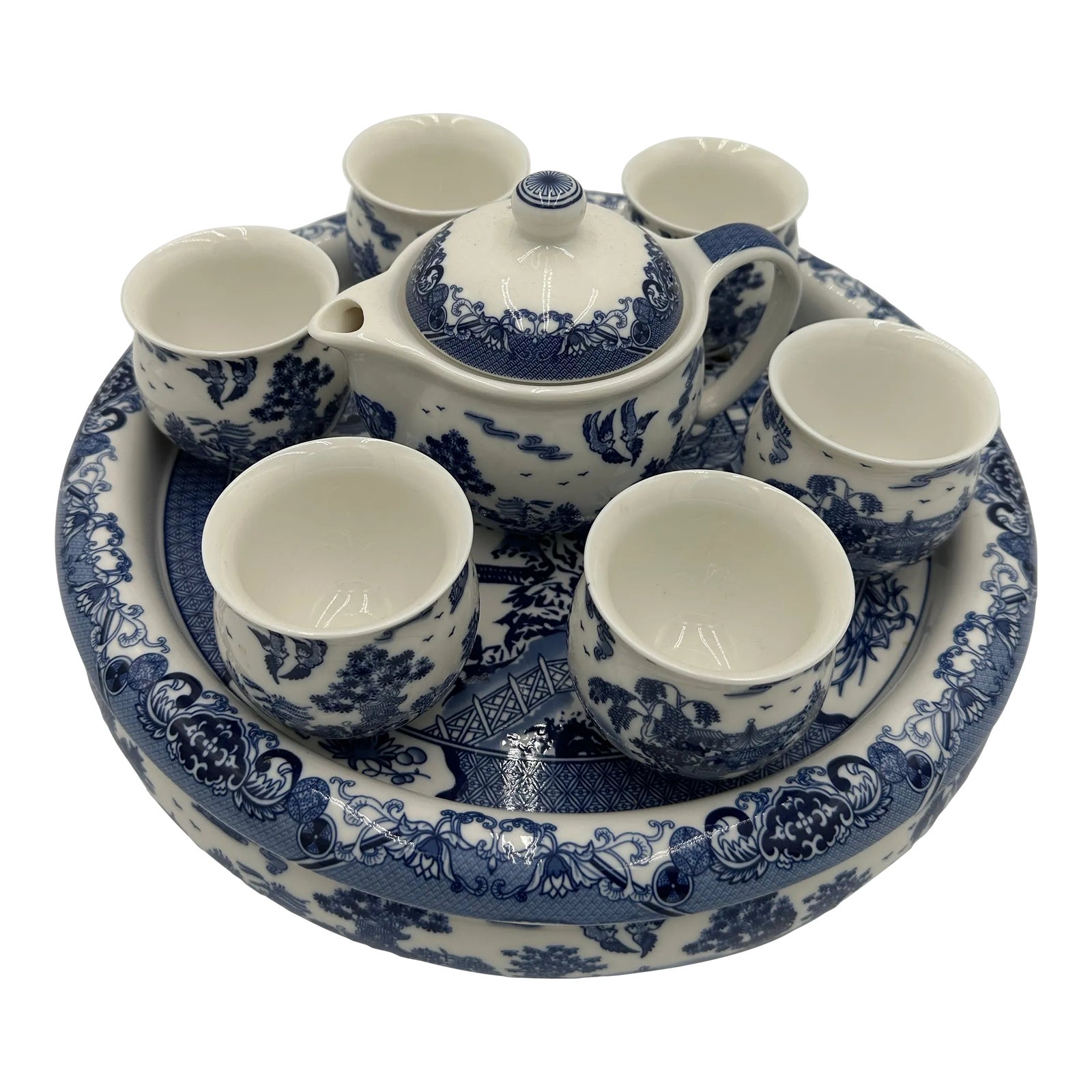 Vintage Chinese Blue and White Tea Serving Set, Tea Warmer, Cups and ...