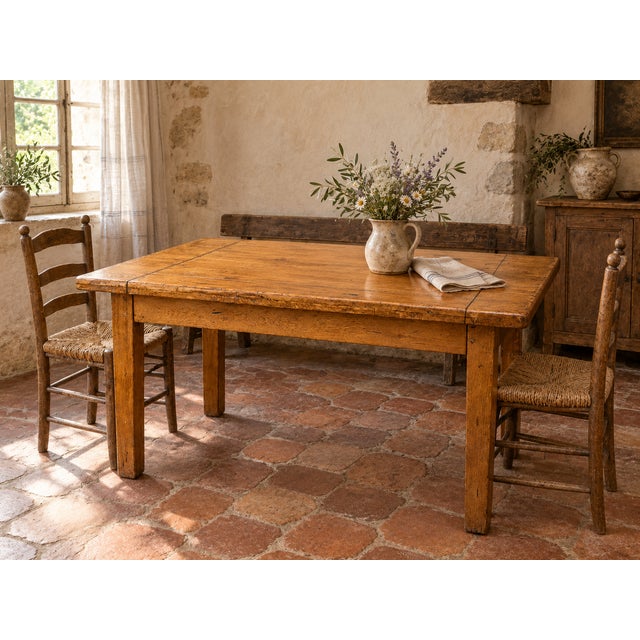 Authentic French farmhouse dining table crafted from solid oak, dating from the late 19th or early 20th century. The table...