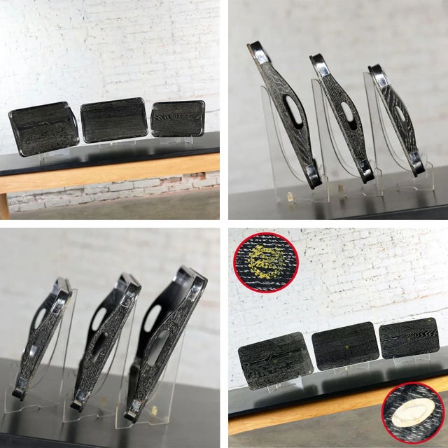 Mid-20th Century MCM Serving Set 1 Dorothy Thorpe Serving Bowl & 3 Nasco Ceruse Wood & Chrome Nesting Trays For Sale - Image 12 of 12