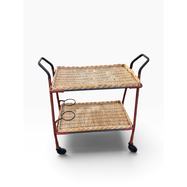 Stitched Leather and Rattan Bar Cart by Jacques Adnet, 1950s For Sale - Image 10 of 14
