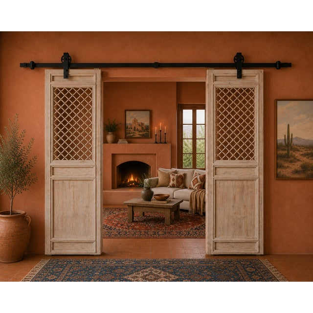 Pair of Antique Chinese Bleached Pine Trellis-top Wall Panels/Doors/Screen, originally designed as room paneling with a...