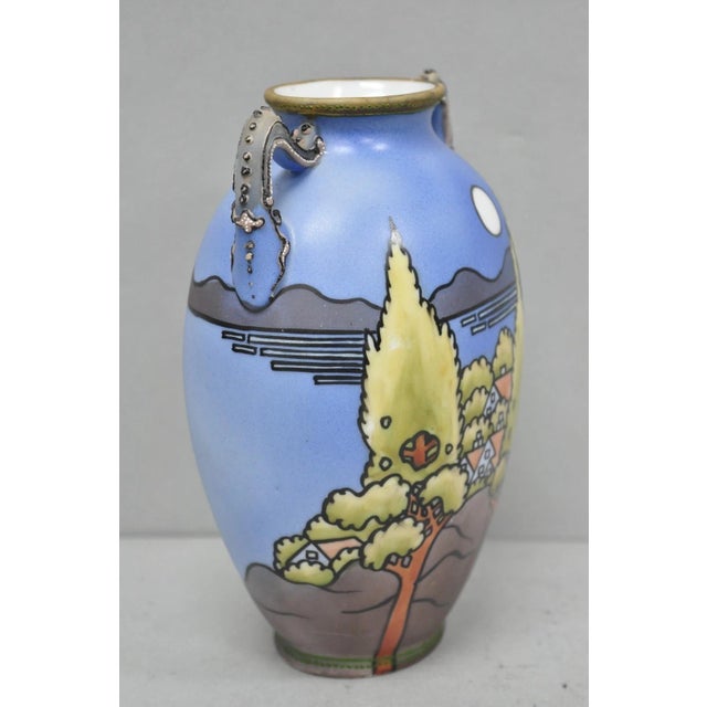 Antique Hand Painted Blue Nippon Porcelain Halloween Pattern Twin Handle Vase For Sale - Image 13 of 14