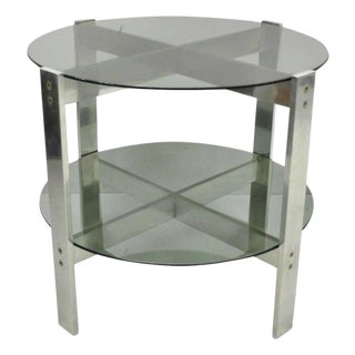 Late 20th Century Vintage Mid Century Modern Round Smoked Glass 2 Tier Aluminum Base Side Table For Sale