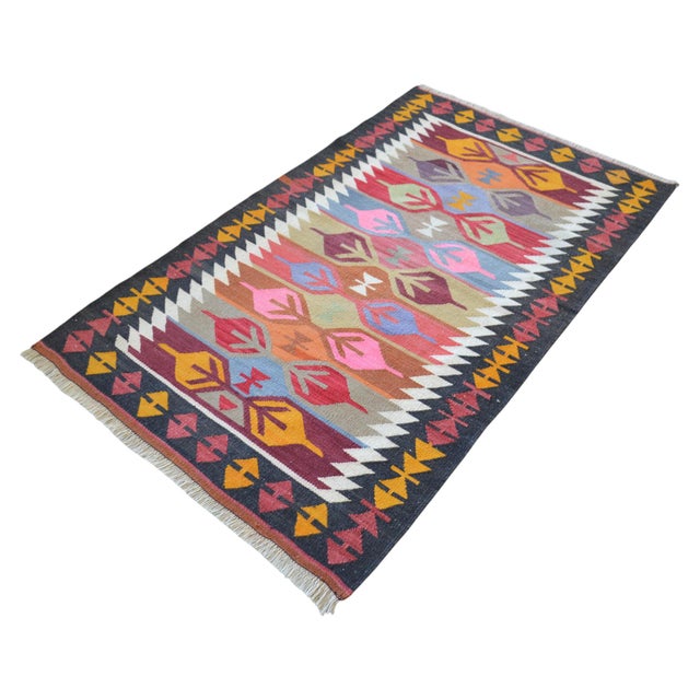 3x5 Ft Vintage Turkish Kilim Rug, Village Flat Weave, Natural Dyes, Multicolor Area Rug For Sale - Image 4 of 17