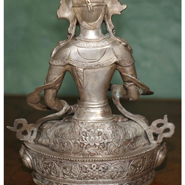 Tibetan Silvered Metal Buddhist Deity Figure Statue on Lotus Base For Sale - Image 15 of 18