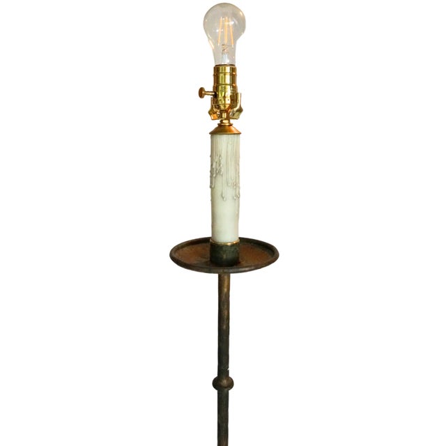 Bronze Early 19th Century Spanish Wrought Iron Floor Lamp - Gothic Torchére With Dove Gray Linen Shade For Sale - Image 8 of 12