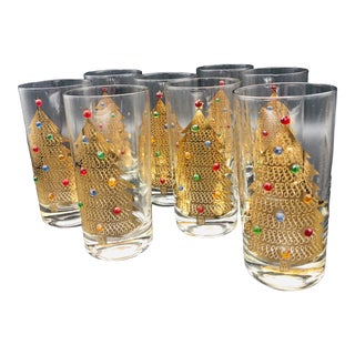 1960s Culver Ltd. 22k Gild Trim Bejeweled Christmas Tree Highball Glasses- Set of 8 For Sale