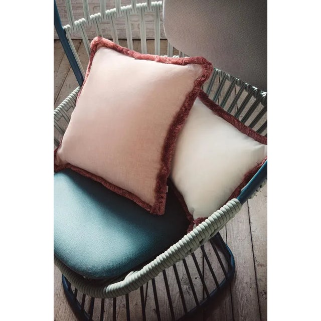 Early 21st Century White with Light Pink Fringes Happy Linen Pillow by LO DECOR for Lorenza Briola For Sale - Image 5 of 6