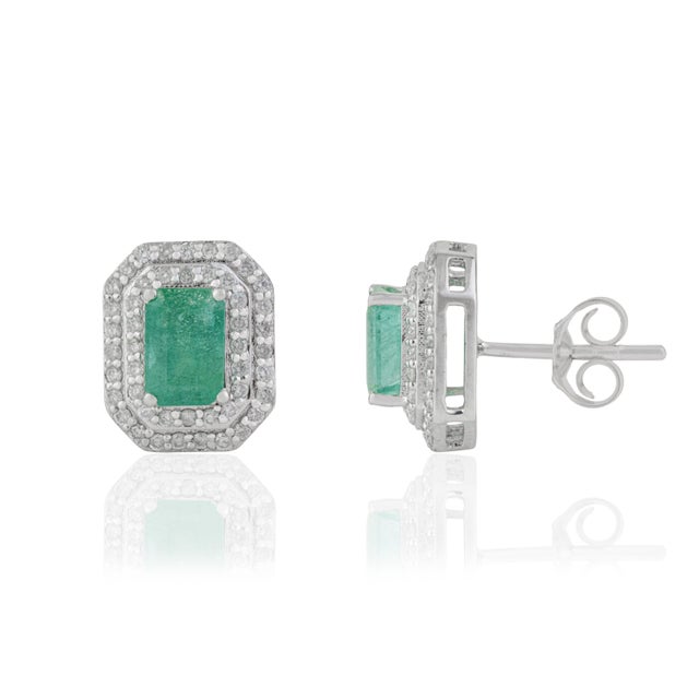 1.3Ct Emerald and Diamond Double Halo Stud Earrings in 14k Gold- A Pair For Sale - Image 4 of 16