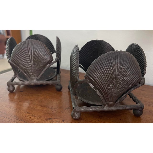 Late 20th Century Vintage Brutalist Cast Metal Shell Candle Holders – Sculptural Organic Modern, a Pair For Sale - Image 5 of 11