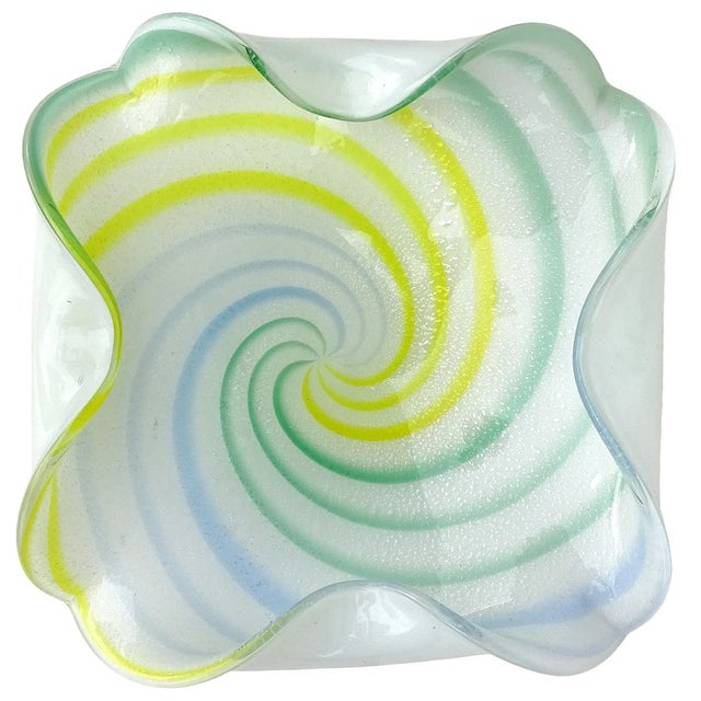Murano Vintage Green Yellow Blue White Silver Flecks Italian Mid Century Art Glass Centerpiece Bowl For Sale In Orlando - Image 6 of 6