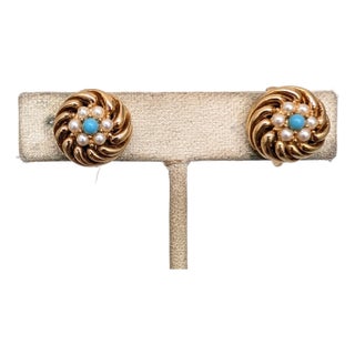 Vintage 1960s Signed Boucher Round Goldtone Faux-Pearl & Turquoise Clip Earrings-2 Pieces For Sale