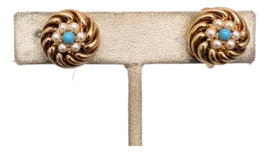 Vintage 1960s Signed Boucher Round Goldtone Faux-Pearl & Turquoise Clip Earrings-2 Pieces
