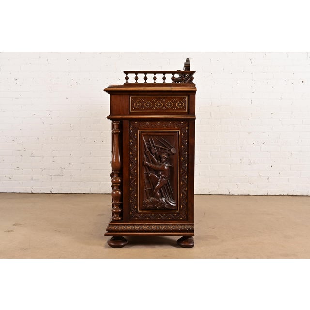 Antique Italian Renaissance Revial Carved Walnut and Marble Top Sideboard or Bar Cabinet, Circa 1890s For Sale - Image 14 of 16