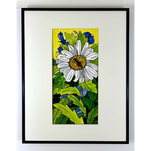 2020s Framed Original Watercolor Small Painting “White Daisy” Framed For Sale - Image 5 of 5