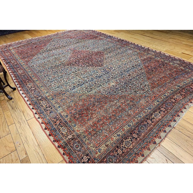 Ivory 19th Century Bidjar Rug, Hand-Knotted Wool, Herati Geometric Pattern, Ivory & Red, 10x14 For Sale - Image 8 of 18