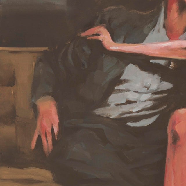 Stolen by Michael Carson | Oil on panel of a couple kissing on a bench For Sale - Image 4 of 5