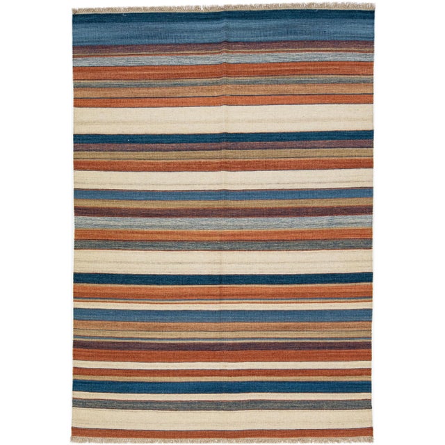 Textile 2020s Modern Kilim Handmade Multicolor Geometric Wool Rug For Sale - Image 7 of 7